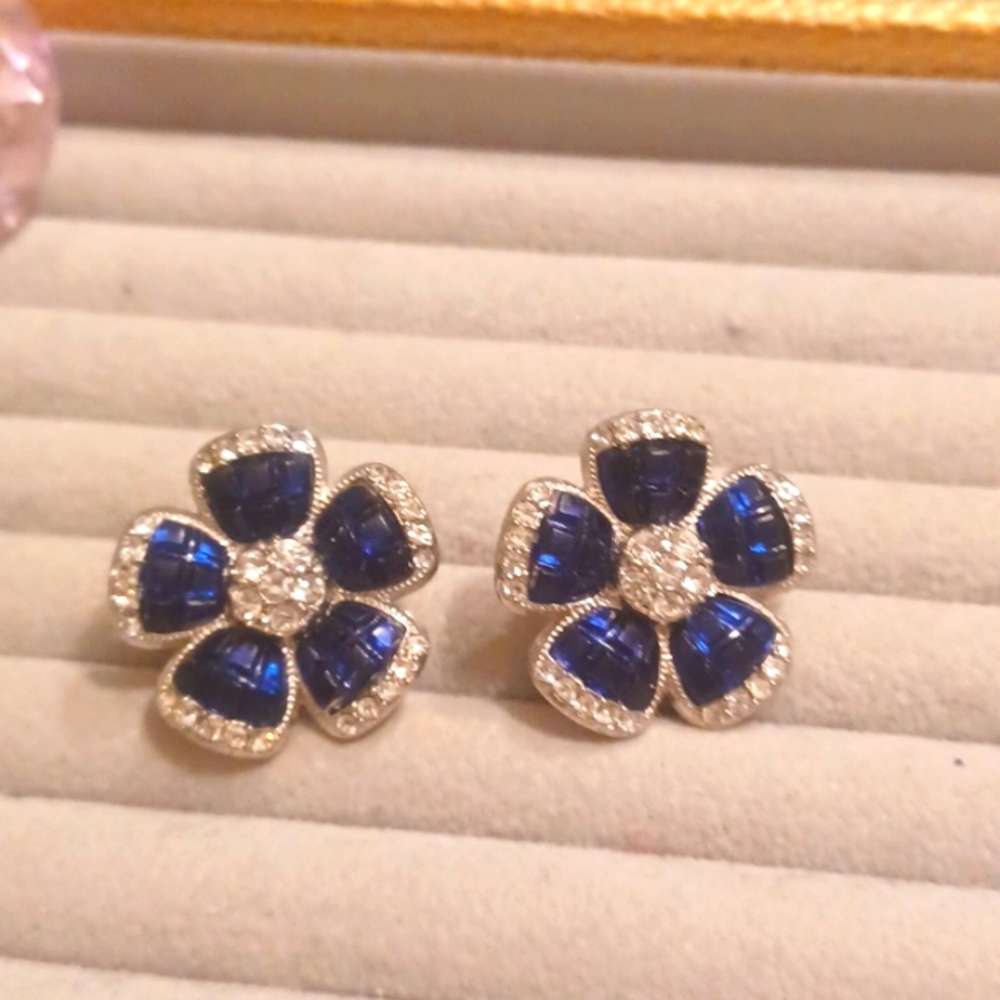Brilliant blue and clear rhinestone earrings pierced